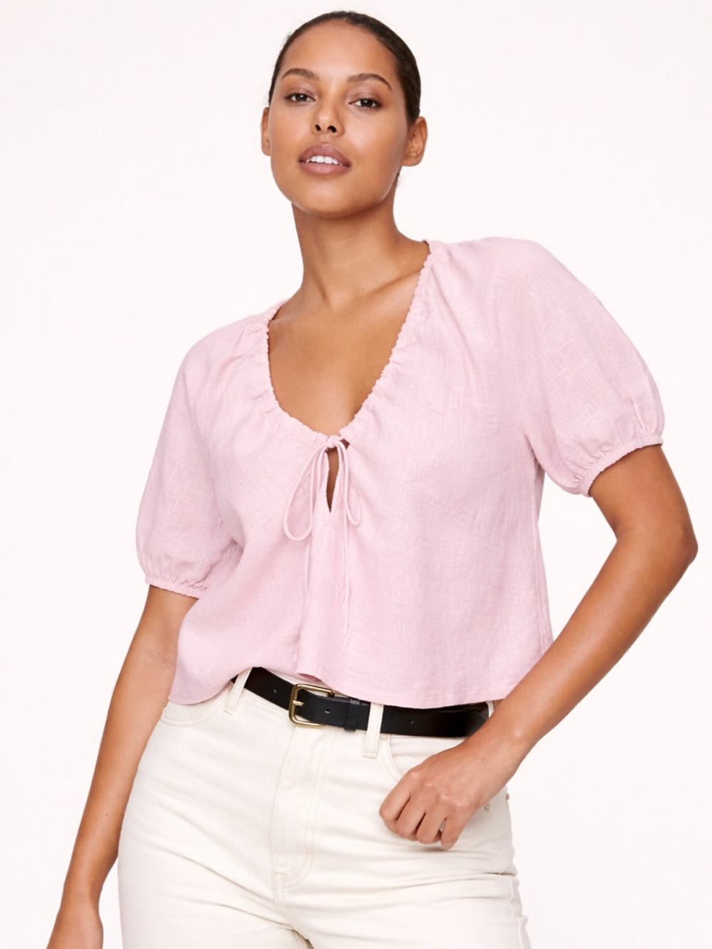 Banana Republic Linen Crop Top in Light Pink - Women's Short Sleeve Blouse  XL - Picture 2 of 6